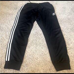 Adidas Mens large black joggers with 3 white stripes ￼